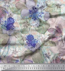 Soimoi Purple Cotton Poplin Fabric Leaves & Lily Flower Print Fabric-wWF