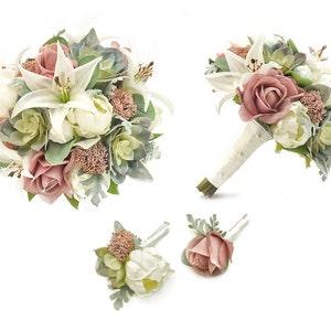 Real Touch Artificial Peonies White Mauve Roses Tiger Lilies Succulent Bridal Bridesmaids Bouquets Prom Cascade Bouquet Wedding Arch Flower