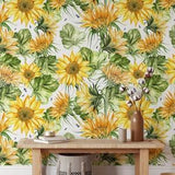 Removable Floral Wallpaper, Tropical Floral Wallpaper, Sunflower Wallpaper, Leaf Wallpaper, Custom Floral Removable Wallpaper, Botanical