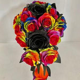 Rainbow Rose, Rainbow Rose Wedding Bouquet, Multicolor Rose, Wedding Bouquet, Black Rose Bouquet, Silk Rainbow Rose
