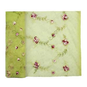 Lily 60"-61" Olive Green Floral Embroidered Tulle Fabric Pink Burgundy Flower
