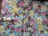 3 Yards Yellow Lilies Pink Flowers Teal Leaves Floral Print on Cotton Fabric