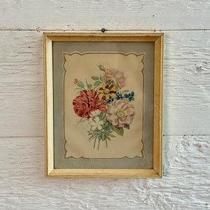 Vintage botanical print, bouquet of flowers, blue and beige background