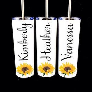Sunflower Tumbler, Personalized Bridesmaid Gift Watercolor Printed Stainless Water Bottle Cup Thermos Bridal Party Destination Wedding Mug
