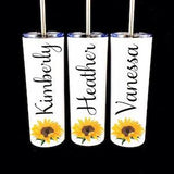 Sunflower Tumbler, Personalized Bridesmaid Gift Watercolor Printed Stainless Water Bottle Cup Thermos Bridal Party Destination Wedding Mug