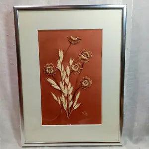Art Vintage Framed Dried Pressed Spring Flowers Signed by FM Wall Decor 12"x9"