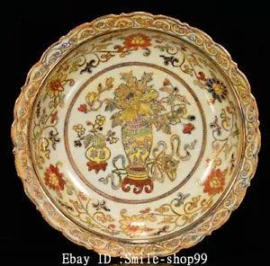 8.6" Old China Doucai Porcelain Gild Palace Peony Flower Pattern Plate Dish Tray