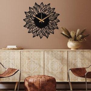Sunflower Metal Wall Clock, Silent Wall Clock, Black Metal Wall Clock, Housewarming Gift, Livingroom Wall Art, Home Wall Decor, Wall Clock
