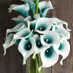 FiveSeasonStuff 10 Stems Real Touch (White & Turquoise) Calla Lilies Artificial Flower Bouquet, Wedding, Bridal, Party, Home D¡§?cor DIY