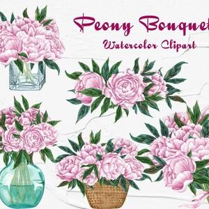 Peony Watercolor Clipart. Peony Flowers. Peonies Wedding Clipart. Pink Peony Bouquet. Wedding Bouquets Watercolor. Summer Aquarelle Clipart
