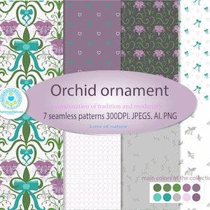 Orchid ornament vector. Set of seamless patterns.???olors collection purple, green, gray,azure. For use in modern design,textiles, wallpaper.