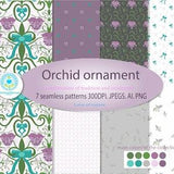 Orchid ornament vector. Set of seamless patterns.???olors collection purple, green, gray,azure. For use in modern design,textiles, wallpaper.