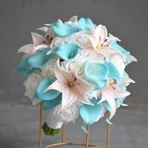 Pink White And Turquoise Wedding Bouquets, Real Touch White Roses, Calla Lilies, Pink Tiger Lily, Boutonnieres, Bridesmaid Bouquets