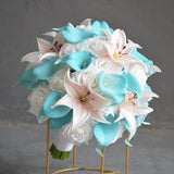 Pink White And Turquoise Wedding Bouquets, Real Touch White Roses, Calla Lilies, Pink Tiger Lily, Boutonnieres, Bridesmaid Bouquets