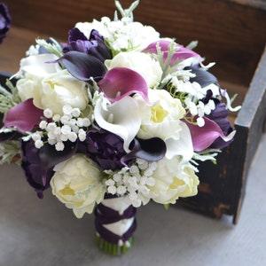 Purple Ivory Bridal Bouquets, Rustic Silk Bridal Bouquet, Real Touch Peonies, Ivory White Roses, Baby's Breath, Plum Calla lily Bouquet
