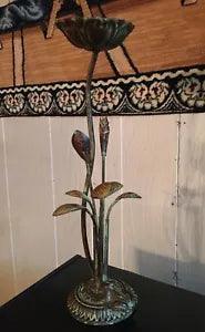 Candle Stick Holder Water Lily Pad Brass Metal Patina Flower Frog Leaves 16???H