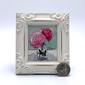 Bouquet of two Pink Peonies Framed Miniature Watercolor Art Print by James Steeno Mini Art, Small Art, Tiny Art, Floral Art, Peony Art