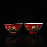 5.8" China Qing Famille Rose Porcelain Red Ground Peony Flower Bird Bowl Pair