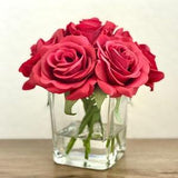 Real Touch Rose Flower Arrangement. Red Roses in Faux Water Clear Glass Cube Vase. Red Rose Christmas Centerpiece Bouquet