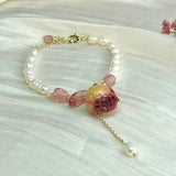 Dried Rose Flower Bracelet | Rose Quartz Wedding Bracelet l Pressed Flower Pearl Bracelet | Dainty Jewelry For Girlfriend