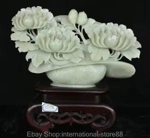 12" Chinese Natural Xiu Jade Hand-Carved Feng Shui Peony Flower Basket Statue