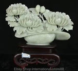 12" Chinese Natural Xiu Jade Hand-Carved Feng Shui Peony Flower Basket Statue