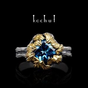 Peony london blue topaz ring - Promise Ring for Her. Sunflower engagement ring. Unique design. Handmade by Kochut