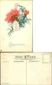 Congratulations ~ carnations forget me not flowers ~ embossed Stecher c1910