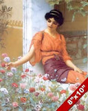 BEAUTIFUL WOMAN GIRL PICKING PEONY FLOWERS ROMAN PAINTING ART REAL CANVAS PRINT