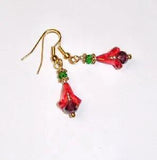 RED TRUMPET LILY BELL FLOWERS LUCITE AND CRYSTALS GOLD PLATED EARRINGS