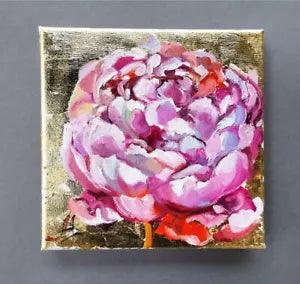 Pink peony miniature with gold on canvas, Anniversary gift small flowers paintin