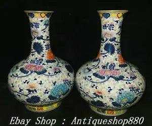 13" Old China Qing Dynasty Doucai Porcelain Peony Flower Zun Vase Bottle Pair