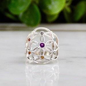Flower Of Life Chakra Ring, Natural 7 Gemstones, Spiritual Healing Ring, Yoga Jewelry, Sterling Silver Rainbow Ring, Seed Of Life Ring, Gift