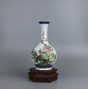 old Chinese color porcelain painted bird peony flower tree design base bottle
