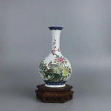 old Chinese color porcelain painted bird peony flower tree design base bottle