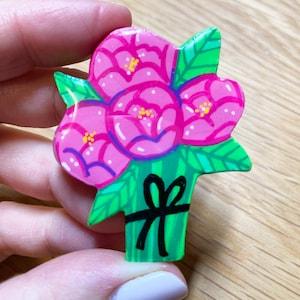 Bouquet 0f Pink Flowers - Handmade Clay Pin Buddies - Painted & UV Resin-Coated Polymer Clay Brooch Pins - Colourful Flair
