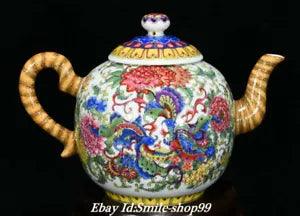 Top Enamel Color Porcelain Palace Bats Peony Lotus Flower Wine Tea Pot Flagon