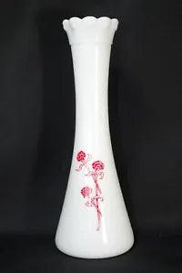 Vintage Milk Glass Flower Bud Vase White with Red Carnations Scalloped Edge