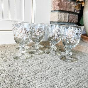 Vintage Libbey Glass Rose Bouquet Water Goblets, White and Gold Roses, Gold Rim, Floral Glassware, Barware, Tea Party