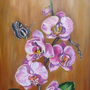 Pink orchid original painting oil on canvas Floral wall art large size Flower butterfly painting Pink living room Custom floral artwork