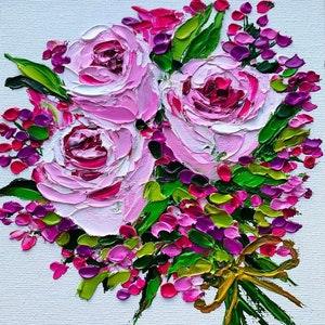Bloom Flower Oil Painting Original Impasto Roses Palette Knife Art Pink Rose Bouquet Artwork Square Floral Wall Decor Unique Flower Painting