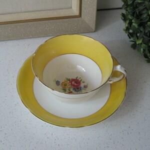 Vintage Melba Teacup Matching Saucer Set Midcentury florals Sunflower yellow Gold Fine Bone China England Sunny kitchen Garden tea party