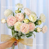 3 Heads Ranunculus Stem | Ranunculus Bouquet | High Quality Artificial Flower | DIY | Home Decoration | Gifts - White + Pale Pink