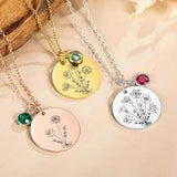 Personalized Birth Flower Bouquet Necklace Custom Engraved Dainty Disc Pendant Gift Stone Combined Family Month Jewelry Floral Charm Mom Her