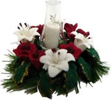 Dollhouse Miniature Red Rose/White Lily Centerpiece w/Candle Hurricane Lamp 1:12