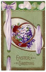 Easter Greetings Bouquet of Violets Lilies Flowers in Basket 1911 Postcard | B15