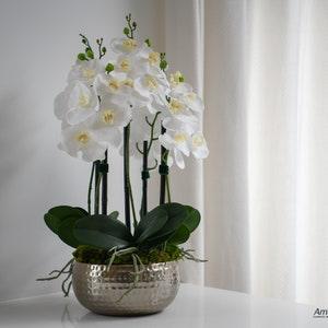 Real touch white orchid arrangement - Artificial orchids in a dimpled dish