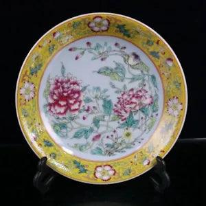 8" Chinese Qing Colour Enamels Porcelain Peony Flower Branch Bird Plate