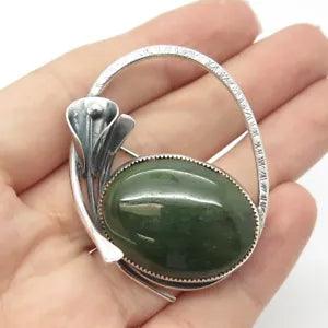 925 Sterling Silver Vintage Real Jade Gem Calla Lily Flower Pin Brooch
