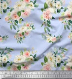 Soimoi Blue Cotton Poplin Fabric Leaves & Ranunculus Floral Print-mQK
